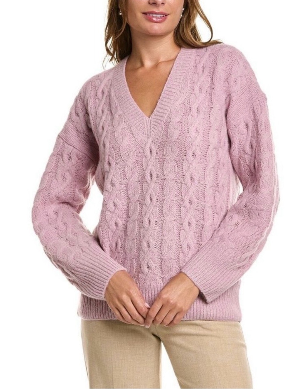 Vince Lattice Cable Knit V-Neck Sweater Mauve Orchid Alpaca Wool - size large